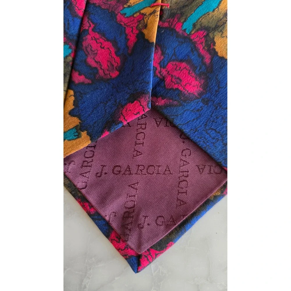 J. Garcia Mens Abstract Art Silk Tie Blue Magenta Gold Made in USA Jerry Garcia
